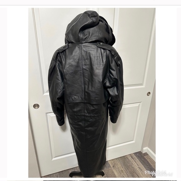 HP- DONNA PELLE LONG VINTAGE TIMELESS BLACK LEATHER TRENCH COAT/WITH HOOD/SZ S - Picture 2 of 16